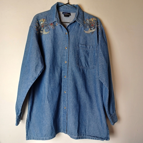 Vintage Tops - 90s LasOlas Western Cowgirl Boot Denim Long Sleeve Shirt Womens Size L (14-16)
